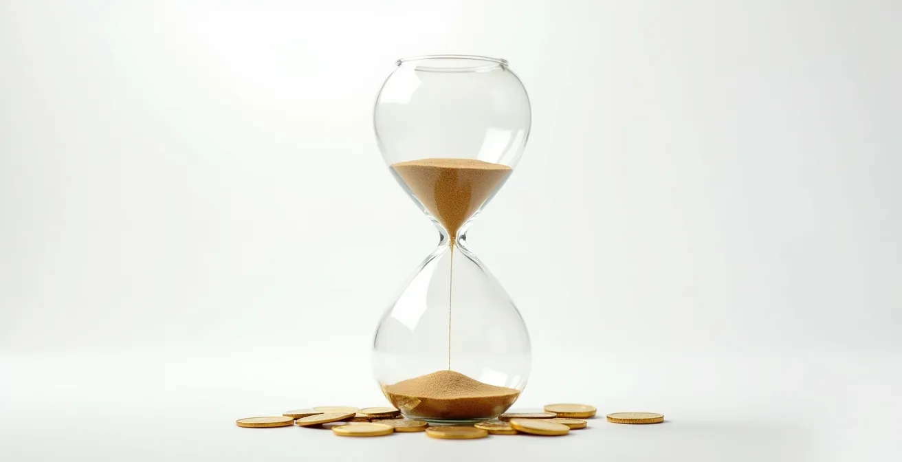 Hourglass with coins falling through representing wasted resources