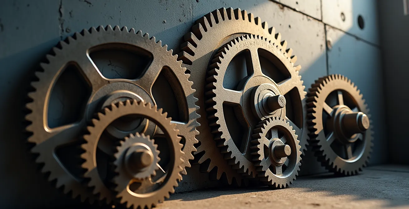 Precision metal gears interlocking in synchronized motion