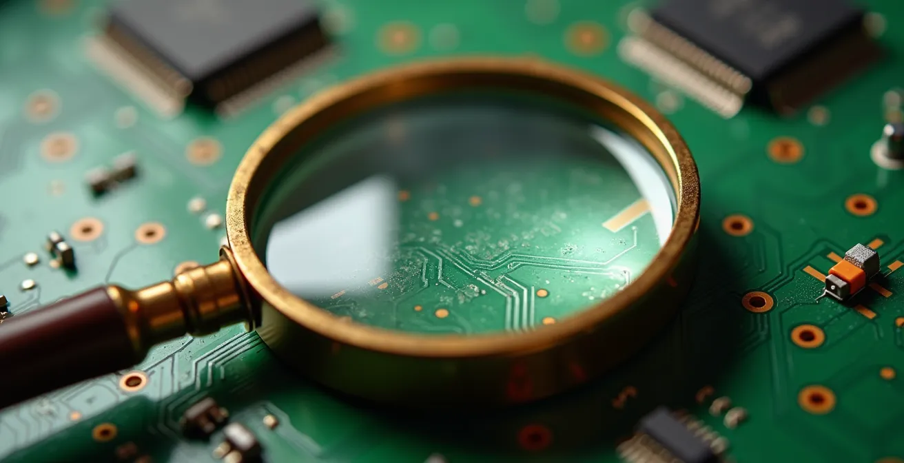 Macro view of magnifying glass over circuit board surface