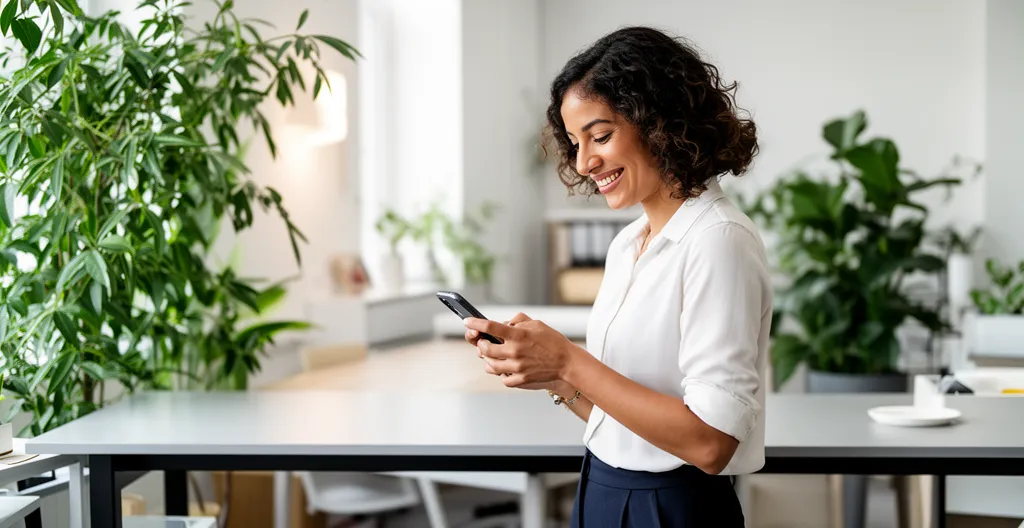 Sales professional checking mobile phone with satisfied expression in office