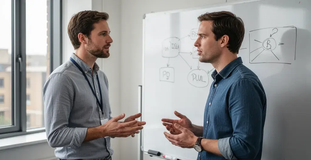Two colleagues in standing discussion near whiteboard with process diagrams in UK office