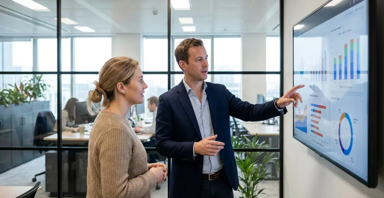Two professionals reviewing revenue data on large screen in modern UK office environment
