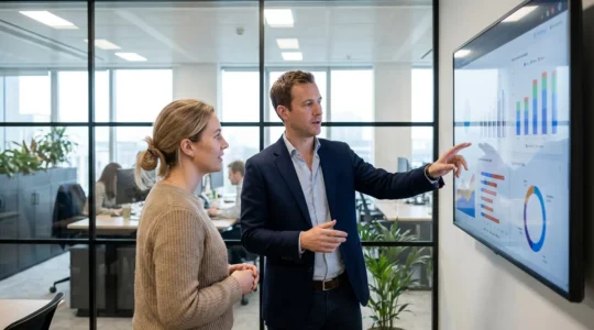 Two professionals reviewing revenue data on large screen in modern UK office environment
