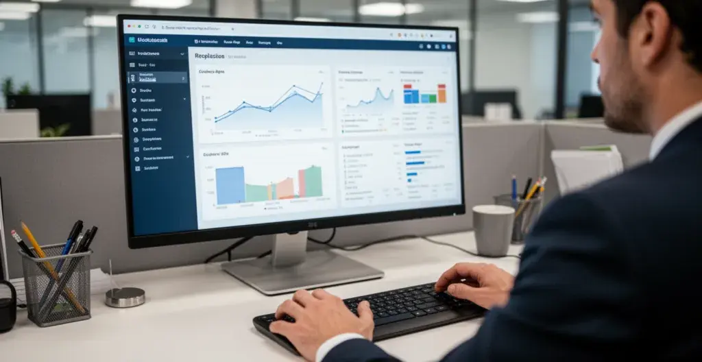 Professional reviewing revenue operations analytics dashboard in office setting