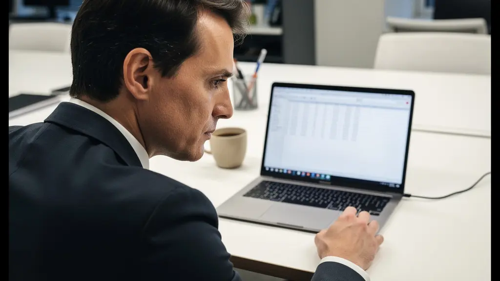 Finance team member reviewing commission spreadsheet with focused concentration