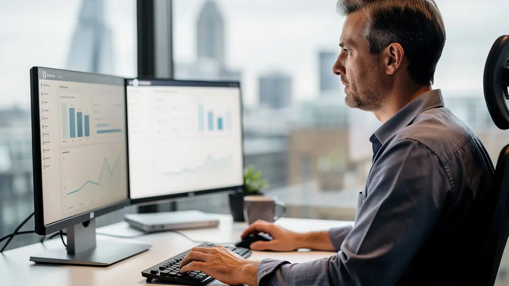 Revenue operations professional reviewing sales commission dashboard in modern London office